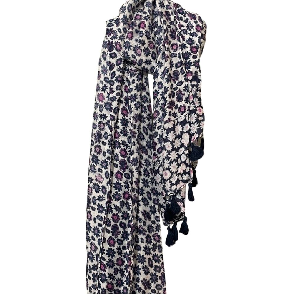 Rebecca Minkoff Blue & Pink Ditsy Floral Print Daisy Tassel Scarf Fall Luxury